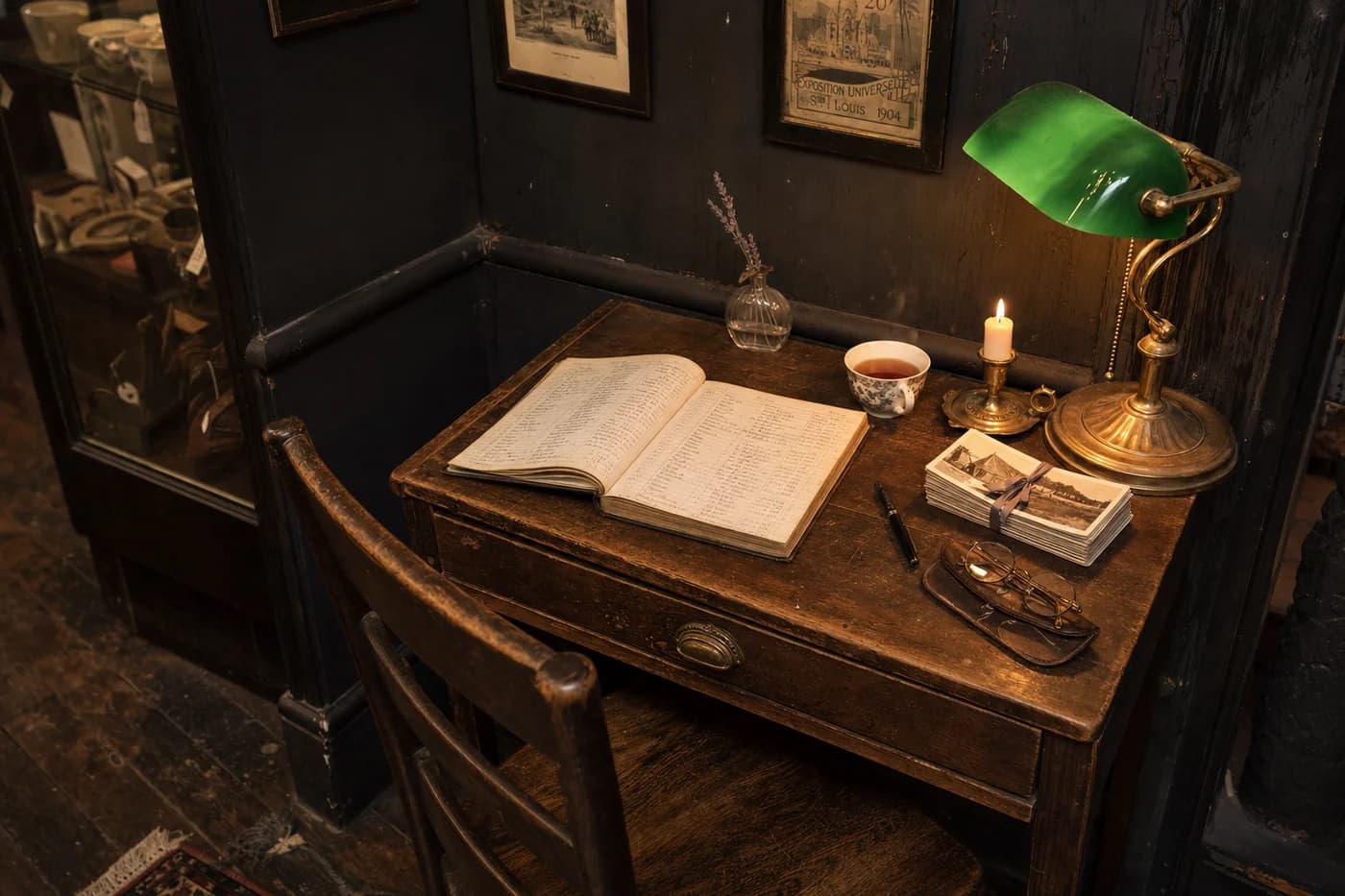 Luna's desk with ledger, candle, and green lamp