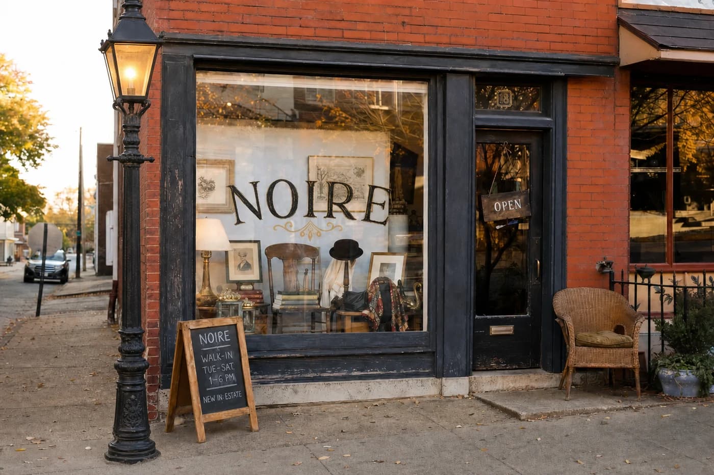 Noire storefront in the Central West End with hand-painted signage